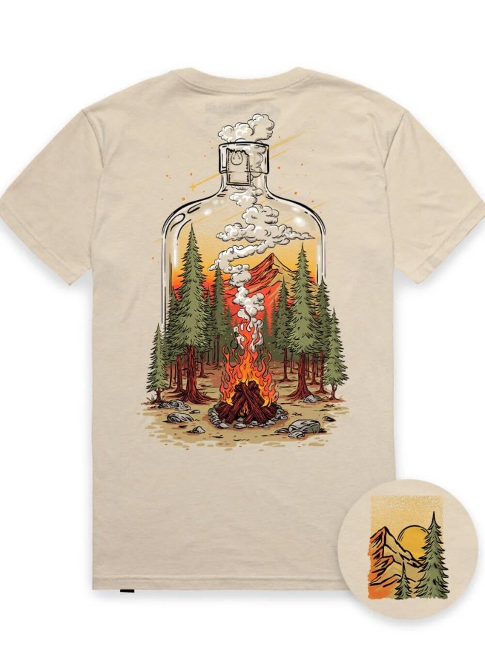 Cream Bottled Forest Campfire Graphic Tee Nature Illustrated Shirt